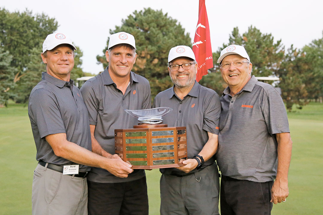 2021 Grand & Mapleton Champions - David Barthel of Faris Machinery, David Shelstad of MOBA AG, Rick Schwer of Roads & Bridges magazine, and Randy Bach of GOMACO (retired)